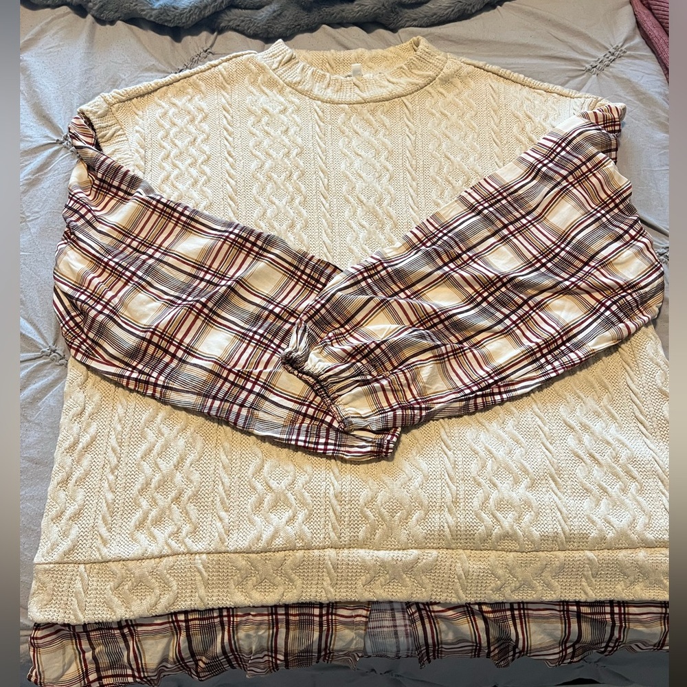 XXL Maurices Sweater Vest-Shirt: red/ brown plaid shirt with cream sweater vest